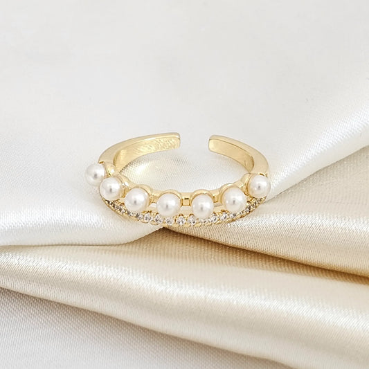 Anillo Dos Filas Perlas Y Circones Dorado Rf K4750