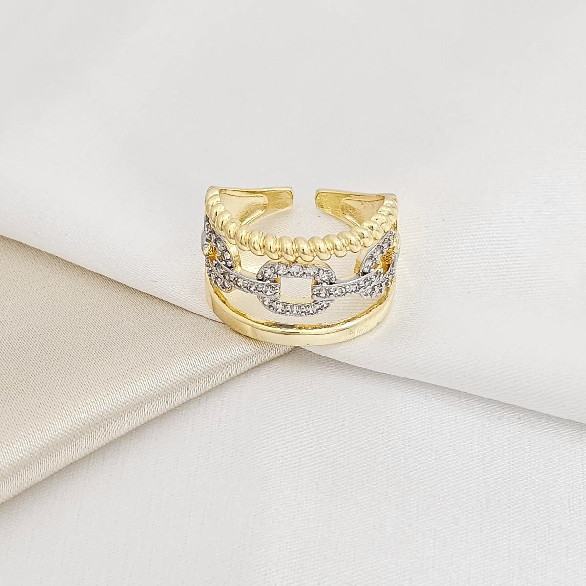 Anillo Dos Lineas Dorado Con Cadena Plateado Rf K5527