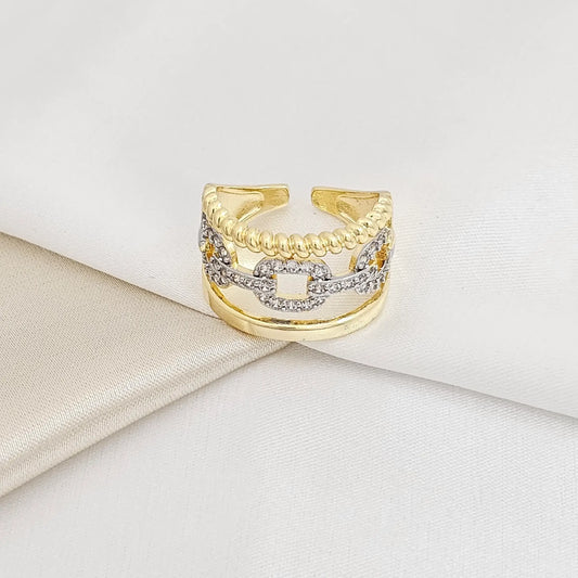 Anillo Dos Lineas Dorado Con Cadena Plateado Rf K5527