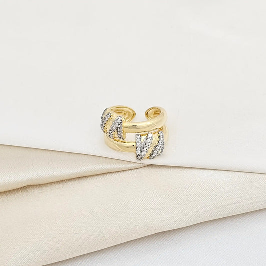 Anillo Dos Lineas Dorado Liso Con Circones Plateados Rf K5937