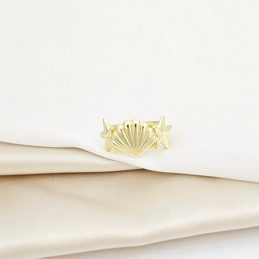 Anillo Estrellas De Mar Y Concha Dorado Rf K5780
