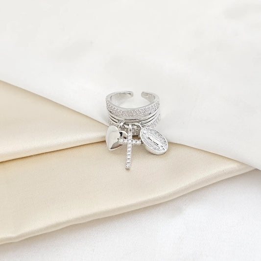 Anillo Lineas Con Cruz Corazon Y Virgen Plateado Rf K7849