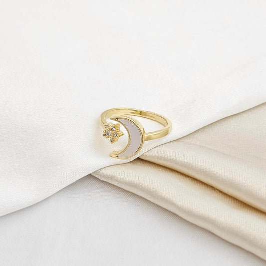Anillo Luna Con Nacar Y Estrella Dorado Rf K5263