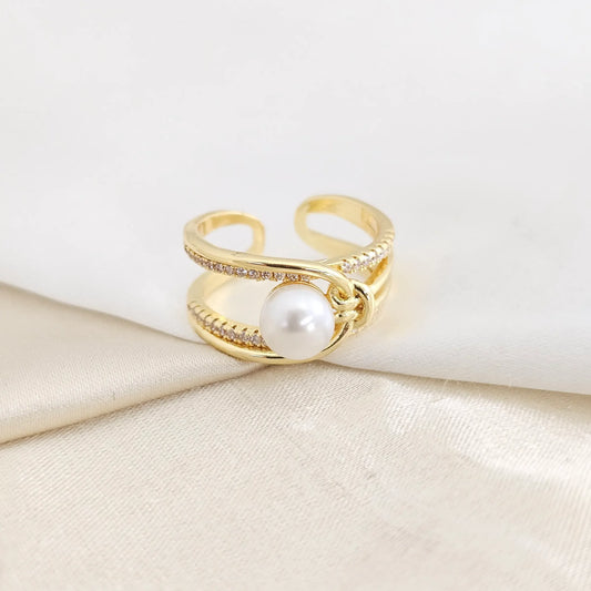 Anillo Nudo Dorado Con Perla Y Circones Rf K7813