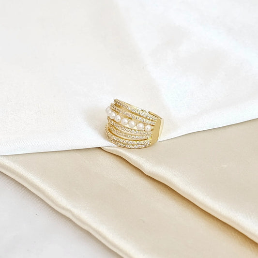 Anillo Perlas Y Circones Siete Lineas Dorado Rf K4437