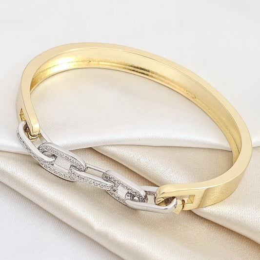 Brazalete Liso Dorado Con Cadena Plateado Rf K4925