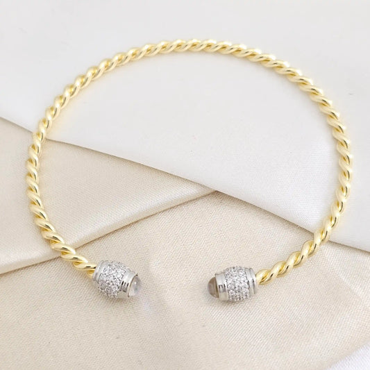 Brazalete Trenza Dorado Con Circon Plateado Rf K7839
