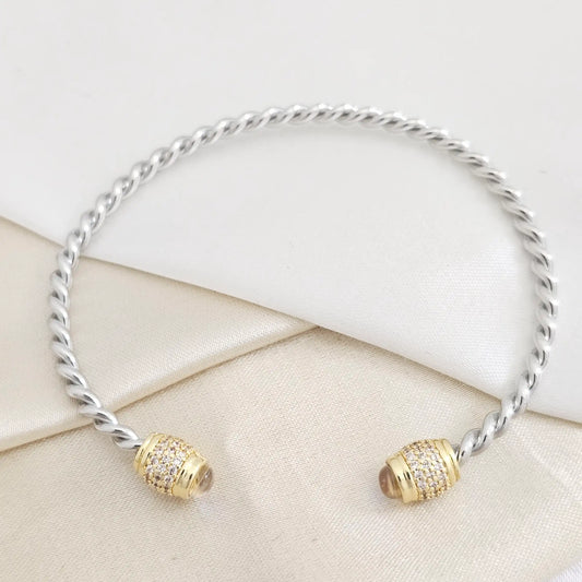 Brazalete Trenza Plateado Con Circon Dorado Rf K7840
