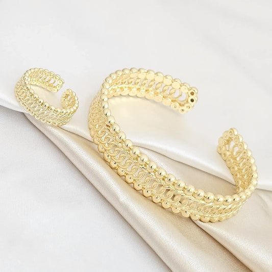 Brazalete Y Anillo Aros Con Balines Dorado Rf K4929