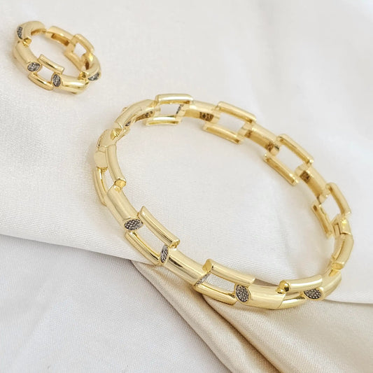 Brazalete Y Anillo Cuadros Dorado Rf K5103