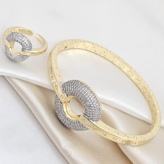 Brazalete Y Anillo Dorado Con Aro Plateado Rf K4932