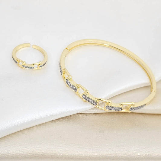 Brazalete Y Anillo Eslabones Dorado Circones Plateado Rf K6861