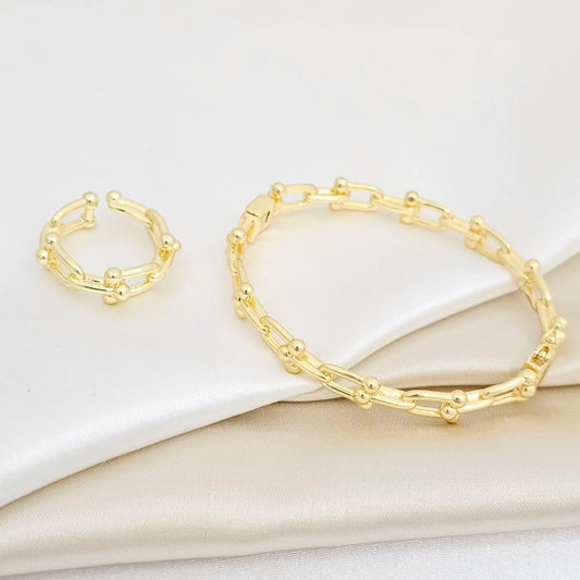 Brazalete Y Anillo Eslabones Lisos Dorado Rf K6858