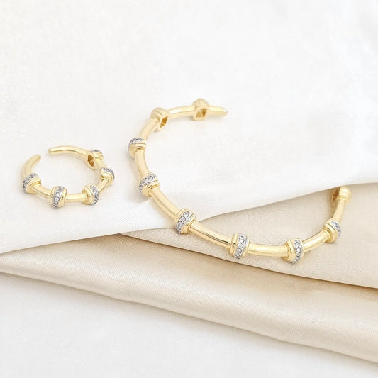 Brazalete Y Anillo Lineas Dorado Circones Plateado Rf K5694
