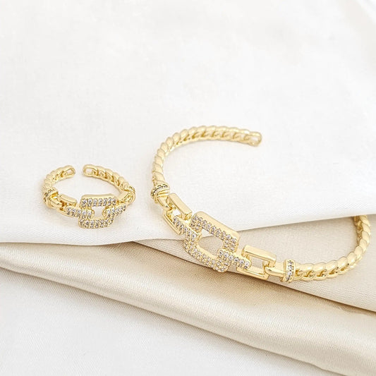 Brazalete Y Anillo Tejido Cubana Circones Dorado Rf K5693