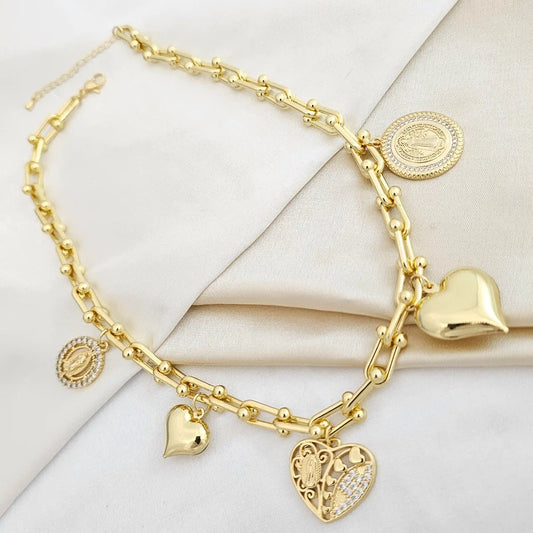 Cadena Eslabones Dijes Religiosos Con Corazones Dorado Rf K4881