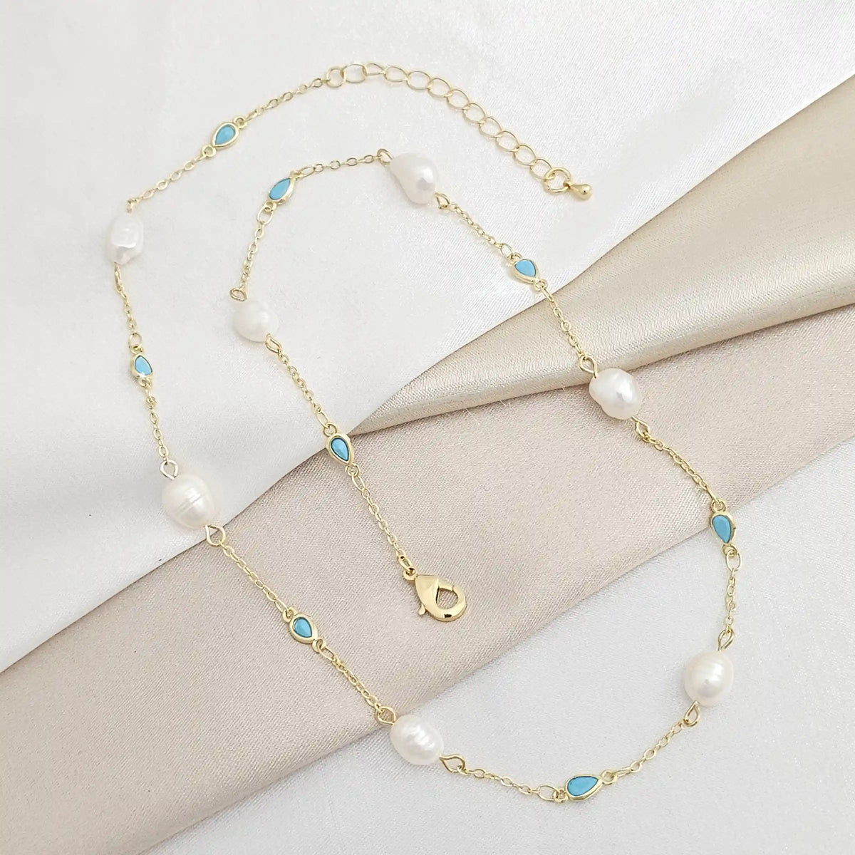 Cadena Perlas Y Gota Azul Con Extensor Dorado Rf K8291