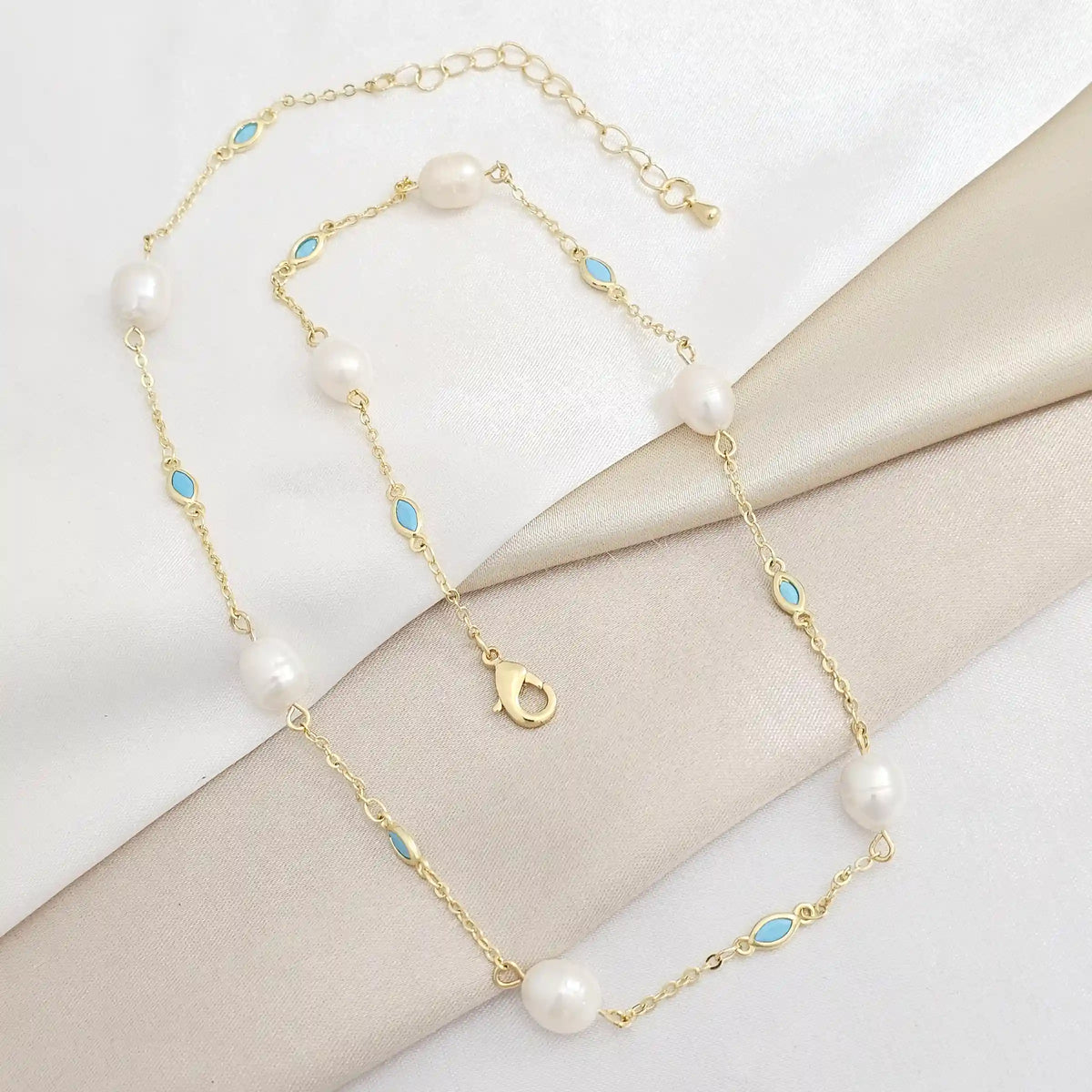 Cadena Perlas Y Ovalo Azul Con Extensor Dorado Rf K8289