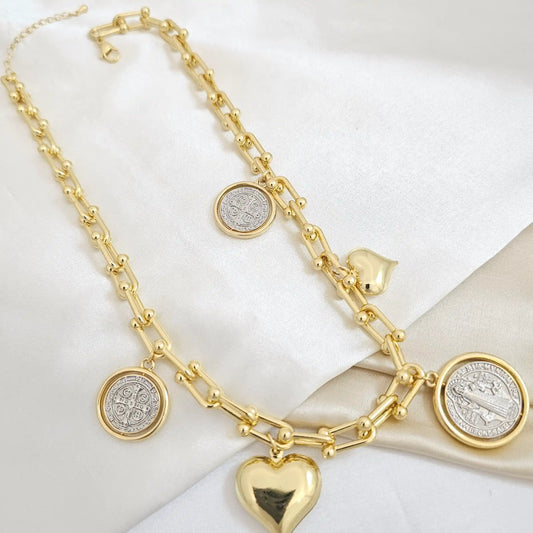 Cadena San Benito Cruz Y Corazones Lisos Dorado Rf K4972