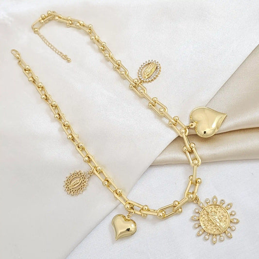 Cadena San Jose Corazones Lisos Y Virgen Circones Dorado Rf K4971