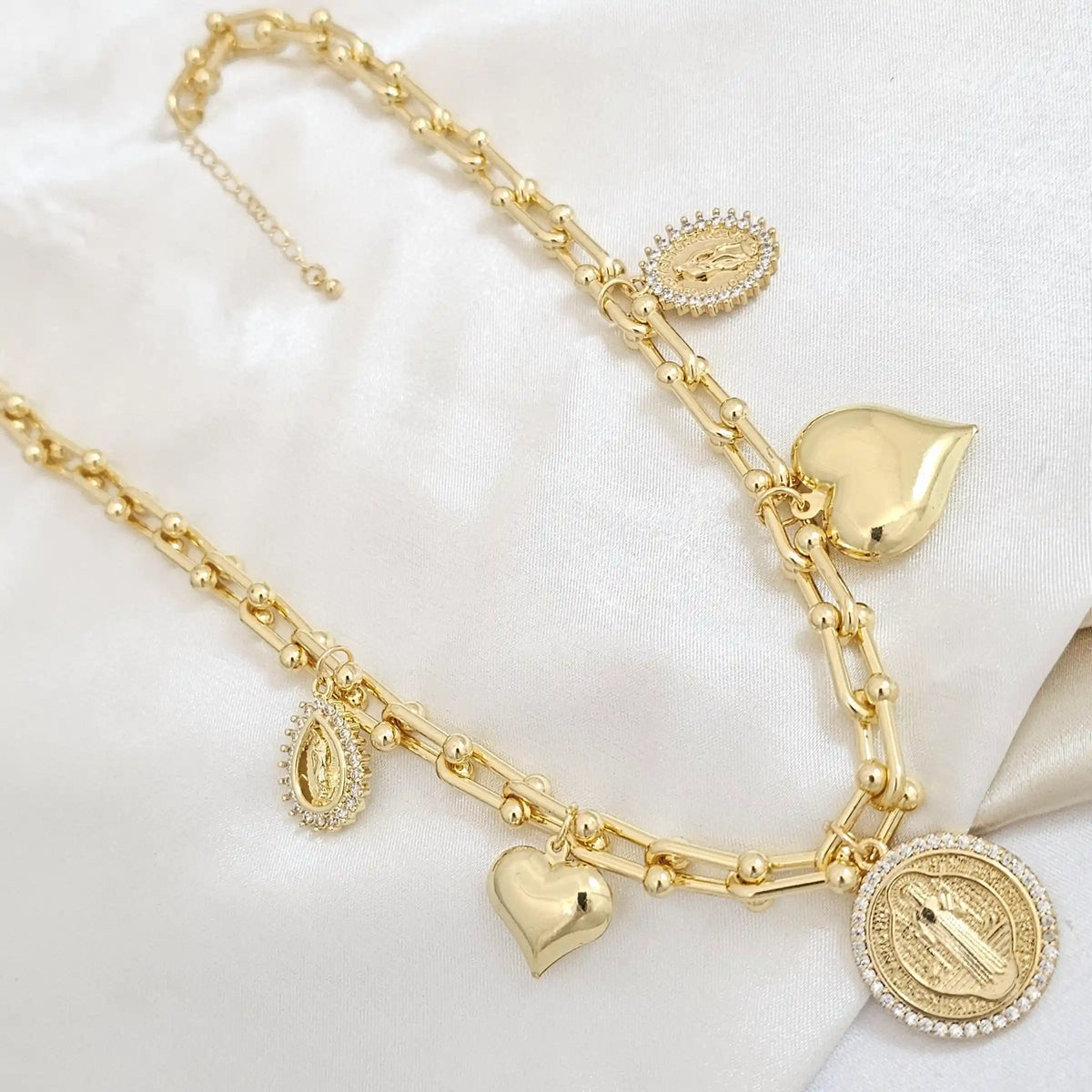 Cadena San Jose Virgen Circones Corazones Lisos Dorado Rf K4974
