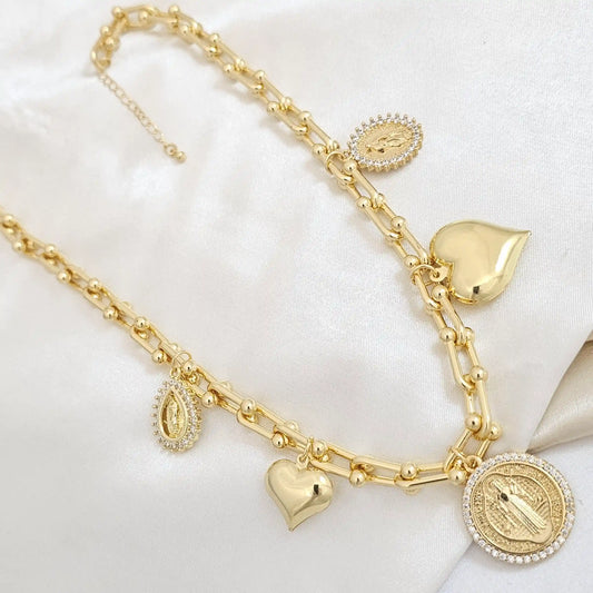 Cadena San Jose Virgen Circones Corazones Lisos Dorado Rf K4974