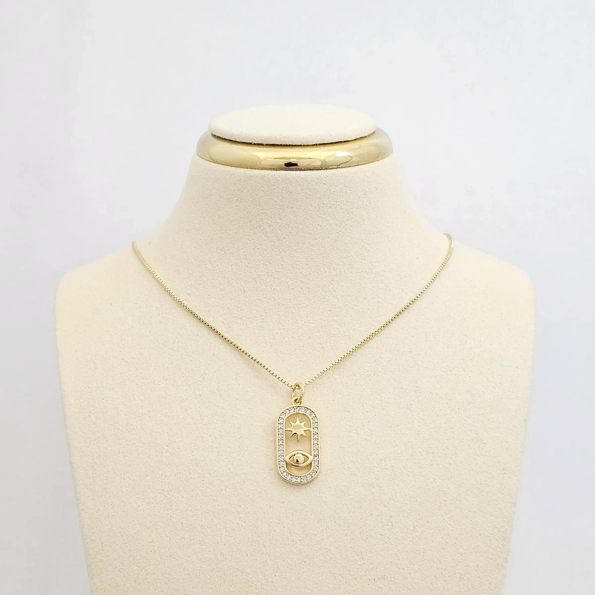 Cadena Veneciana Punta Aguja Dije Sol Y Ojo Dorado Rf K6968