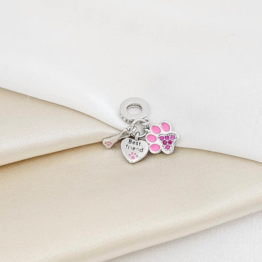 Charm Huella Rosa Corazon Y Hueso Plateado Rf K7283