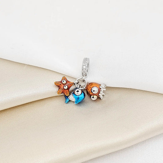 Charm Plateado Estrella Y Pulpo Naranja Pez Azul Rf K7632