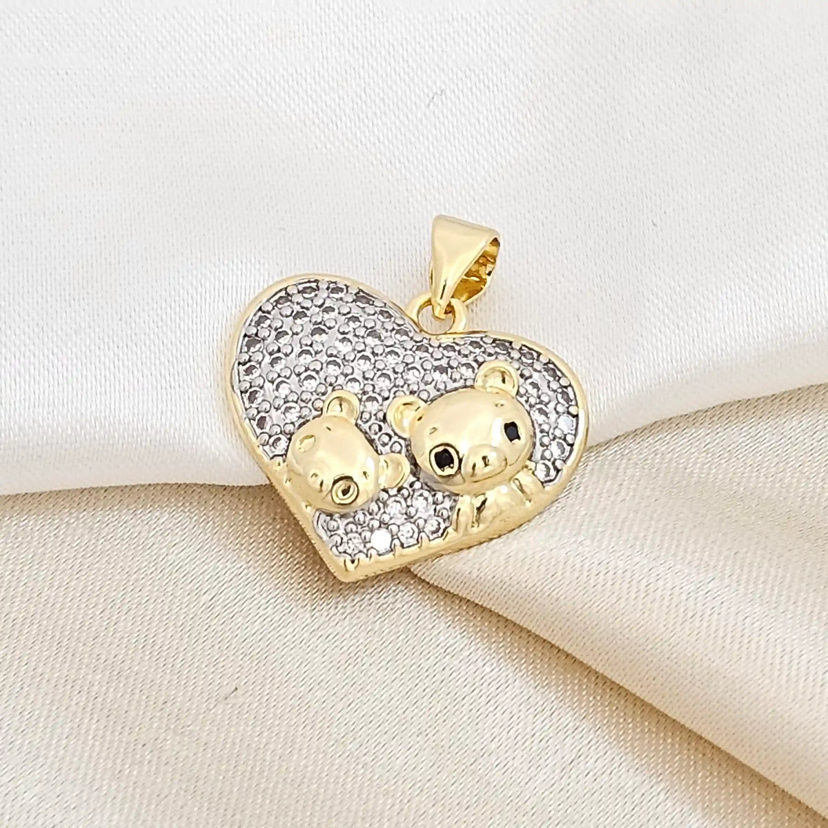 Dije Corazon Plateado Con Doble Osos Dorado Rf K4139