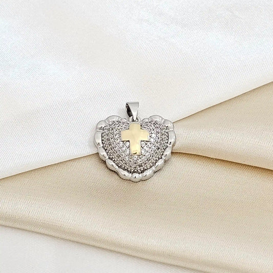 Dije Corazon Plateado Mini Cruz Dorado Rf K5463