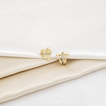 Earcuff Doble Estrellas Y Lineas Circones Dorado Rf K7008