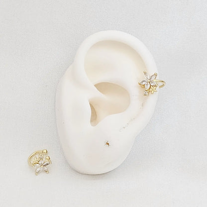 Earcuff Doble Flor Dorado Con Circones Rf K7197