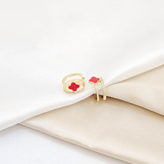 Earcuff Doble Linea Dorado Trebol Rojo Rf K6260