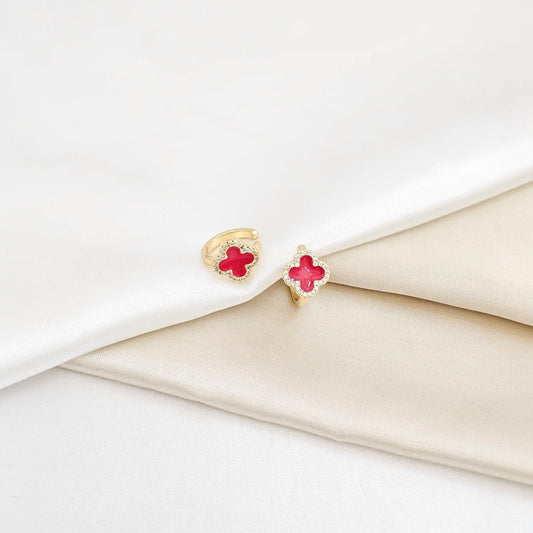 Earcuff Dorado Trebol Rojo Con Circones Rf K6337