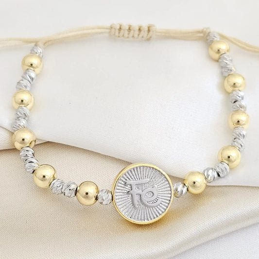 Pulsera Balines Dorado Y Plateado Dije Palabra Fe Rf K7711