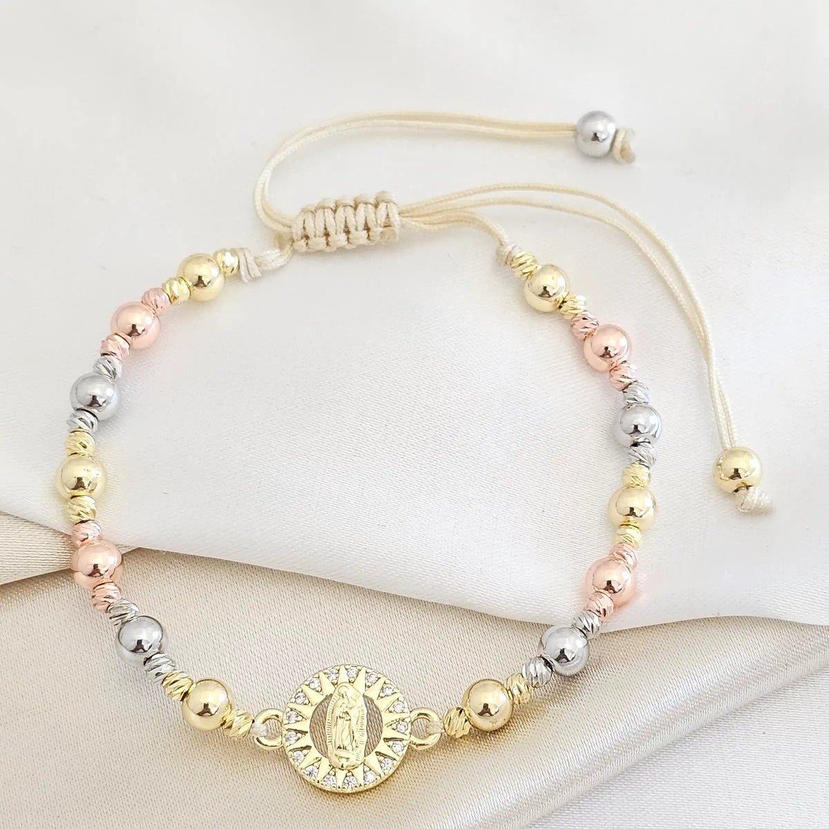 Pulsera Balines N5 Tres Tonos Dije Mini Virgen Guadalupe Rf K7715