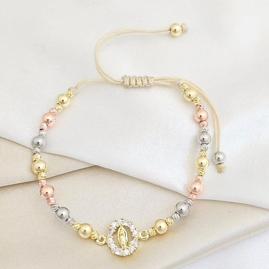 Pulsera Balines N5 Tres Tonos Dije Mini Virgen Rf K7713