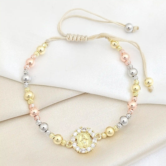 Pulsera Balines N5 Tres Tonos Dije Virgen Circones Rf K7712