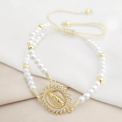 Pulsera Beige Perlas Y Balines Dije Virgen Guadalupe Rf K8068