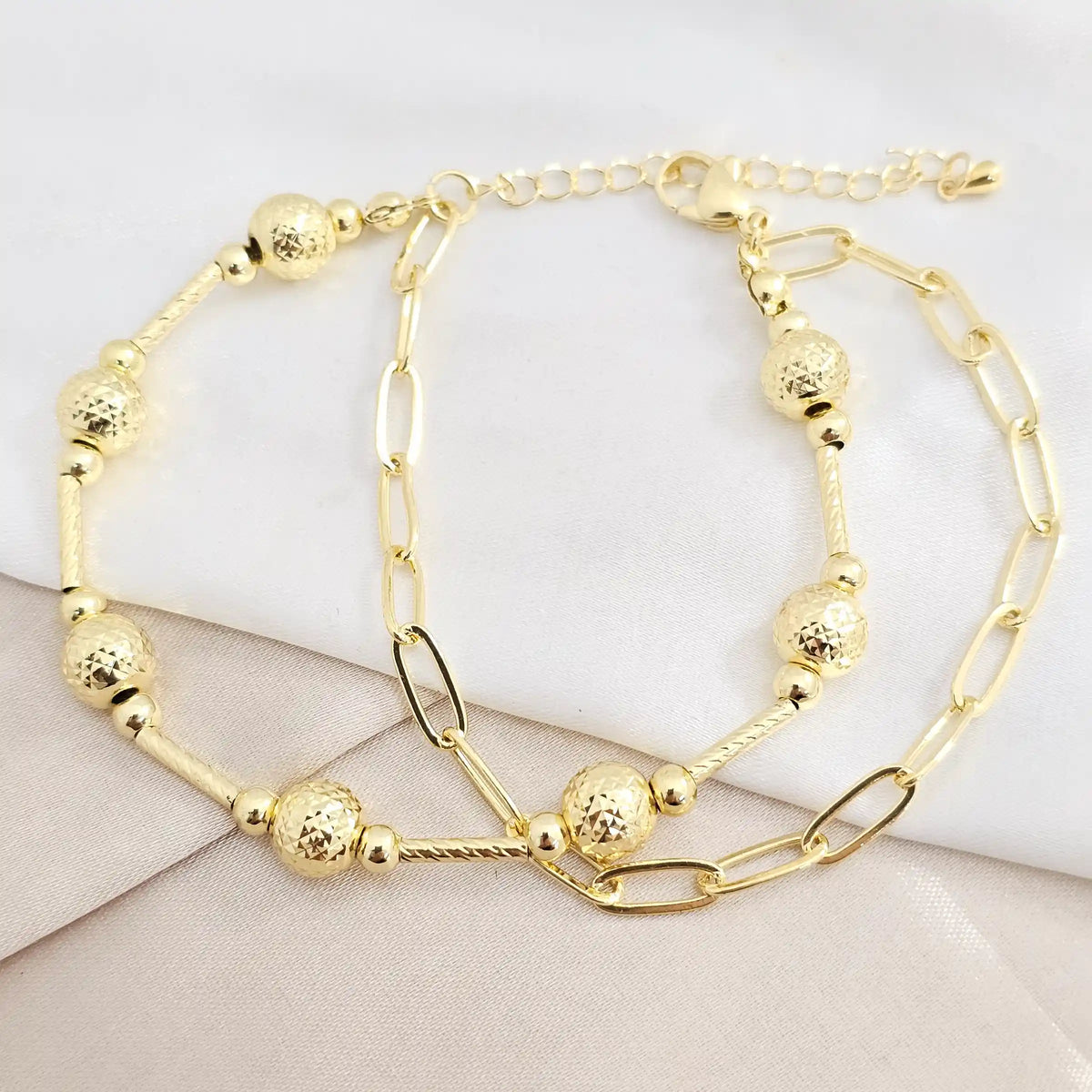 Doble Pulsera Canutillo Con Balines #7 Diamantado Dorado Rf K8173