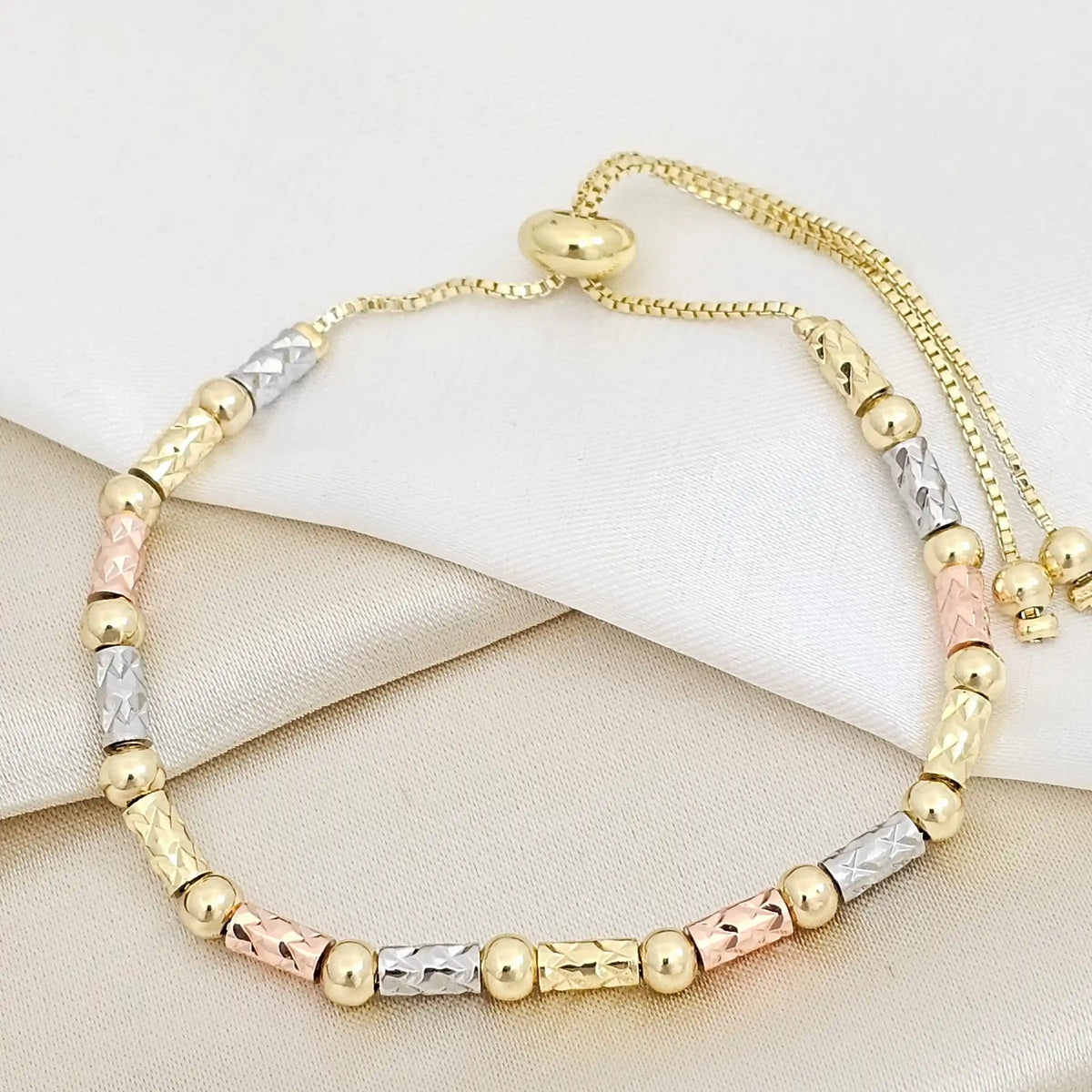 Pulsera Canutillo Y Balines N4 Tres Tonos Corrediza Rf K7465