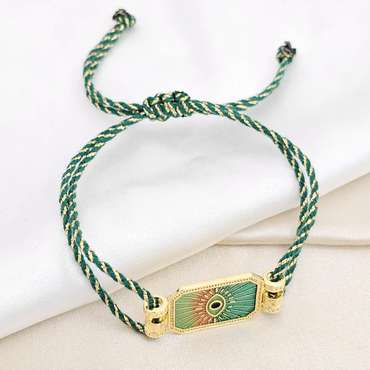 Pulsera Cordon Verde Dije Ojo Verde Y Dorado Rf K6450