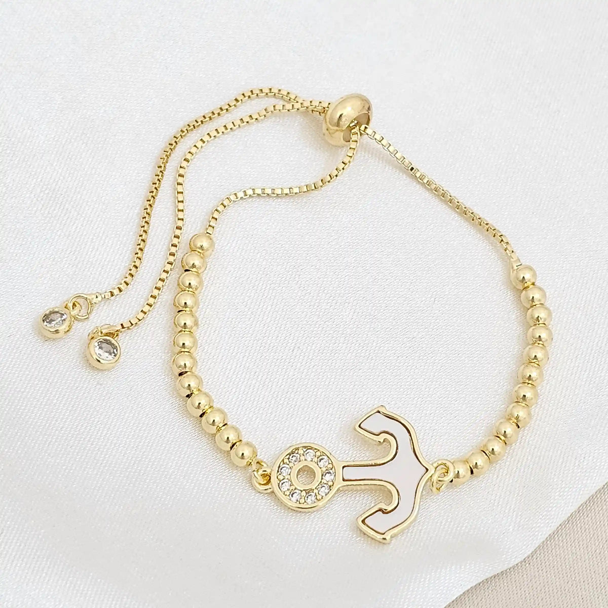 Pulsera Corrediza Balines Con Dije Ancla Nacar Rf K6730
