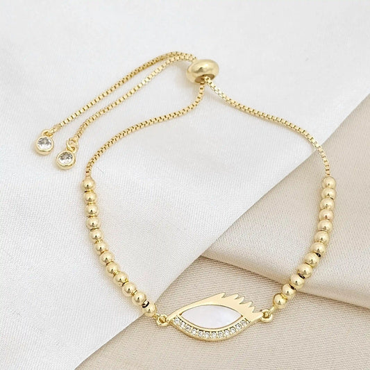 Pulsera Corrediza Balines Con Dije Ojo Nacar Y Circones Rf K6734