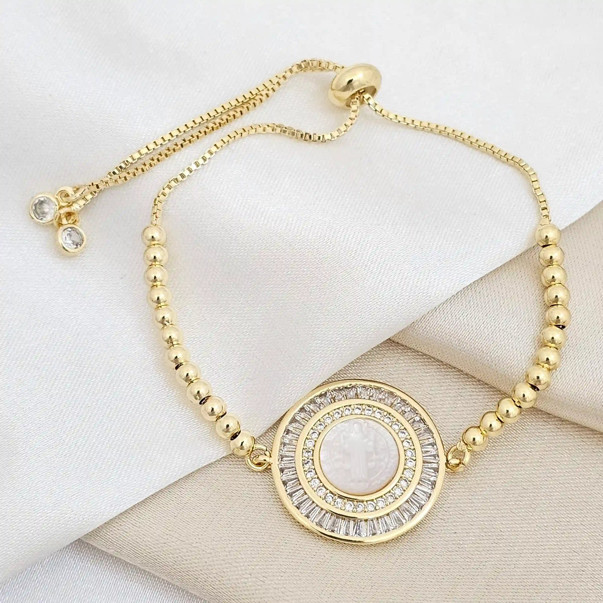Pulsera Corrediza Balines Dije San Benito Con Nacar Rf K6740