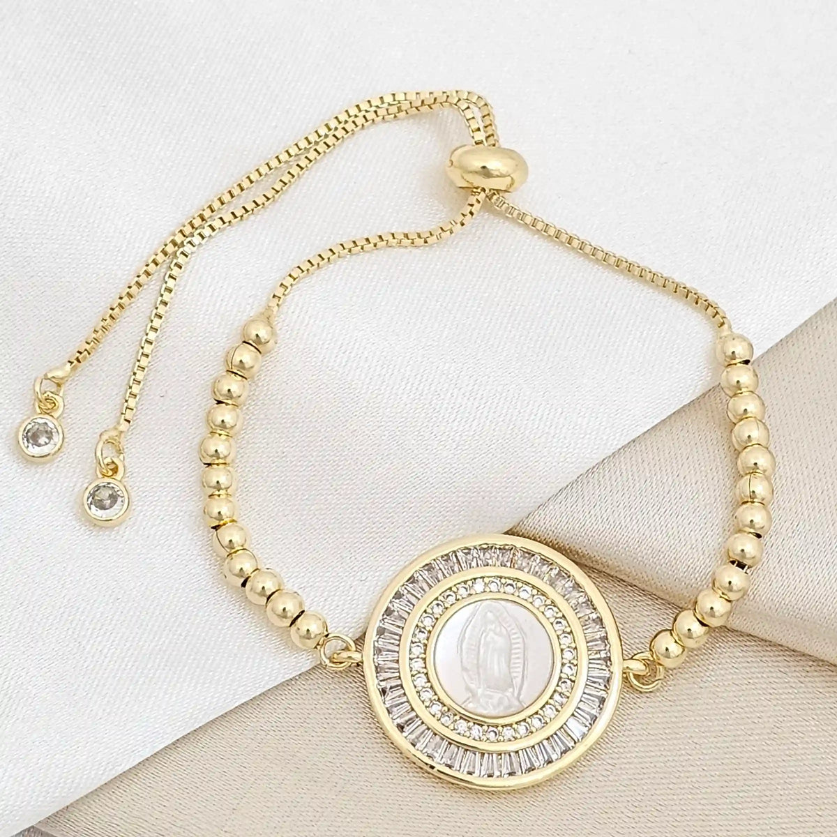 Pulsera Corrediza Balines Dije Virgen Con Nacar Rf K6738