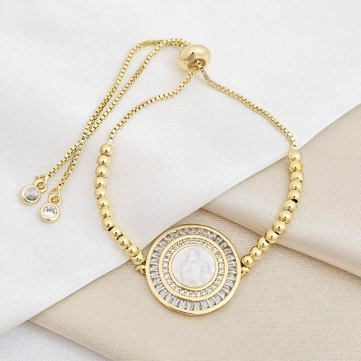 Pulsera Corrediza Balines Dije Virgen Milagrosa Nacar Rf K6739