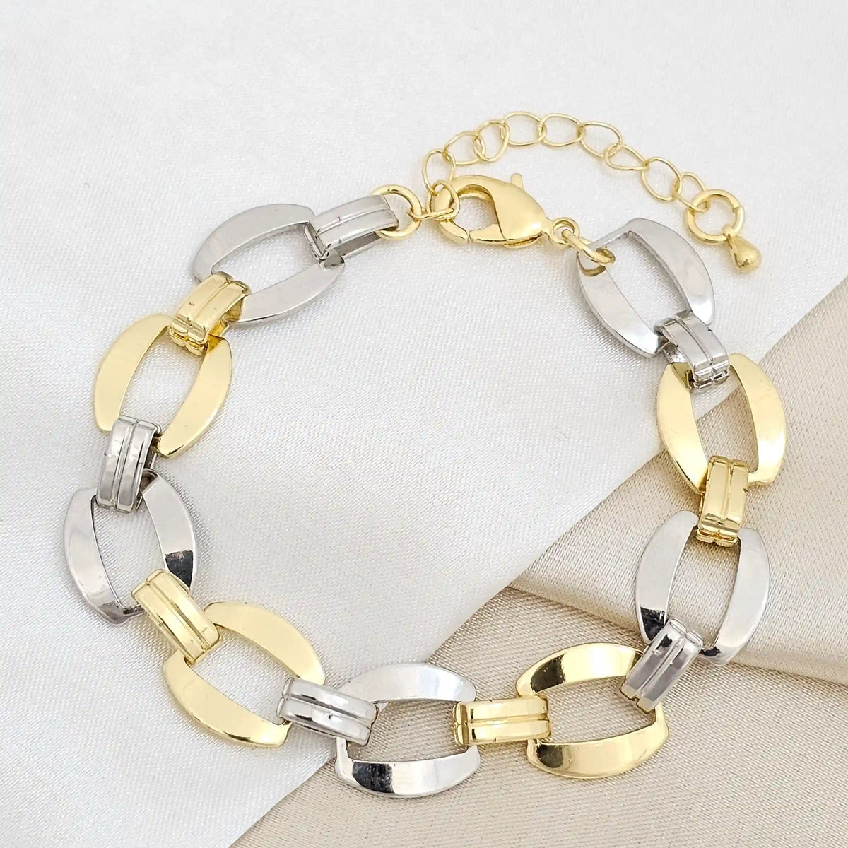 Pulsera Eslabones Dorado Y Plateado Con Extensor Rf K6755