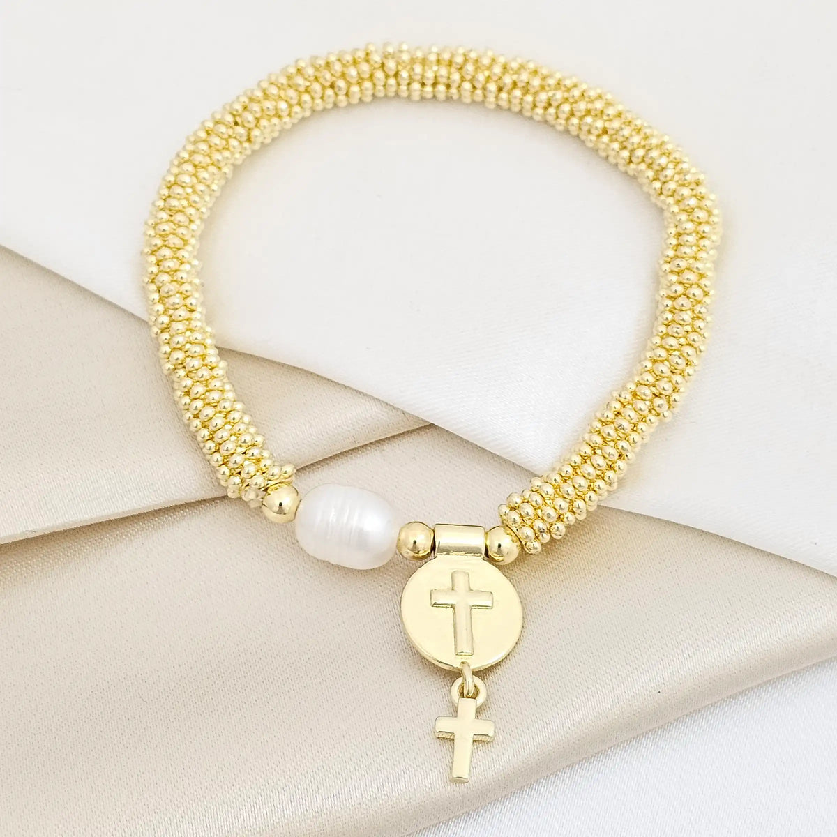 Pulsera Flexible Dorado Con Perla Y Dije Doble Cruz Rf K7501